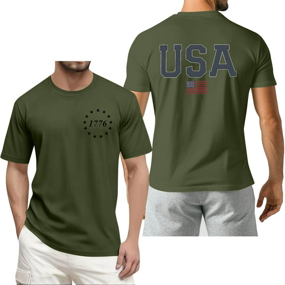 Yongcuo Independence Day Men's Patriotic USA 1776 T-Shirt Soft Cotton Crewneck Tee with American Flag Design Perfect for July 4th Celebrations Army Green S