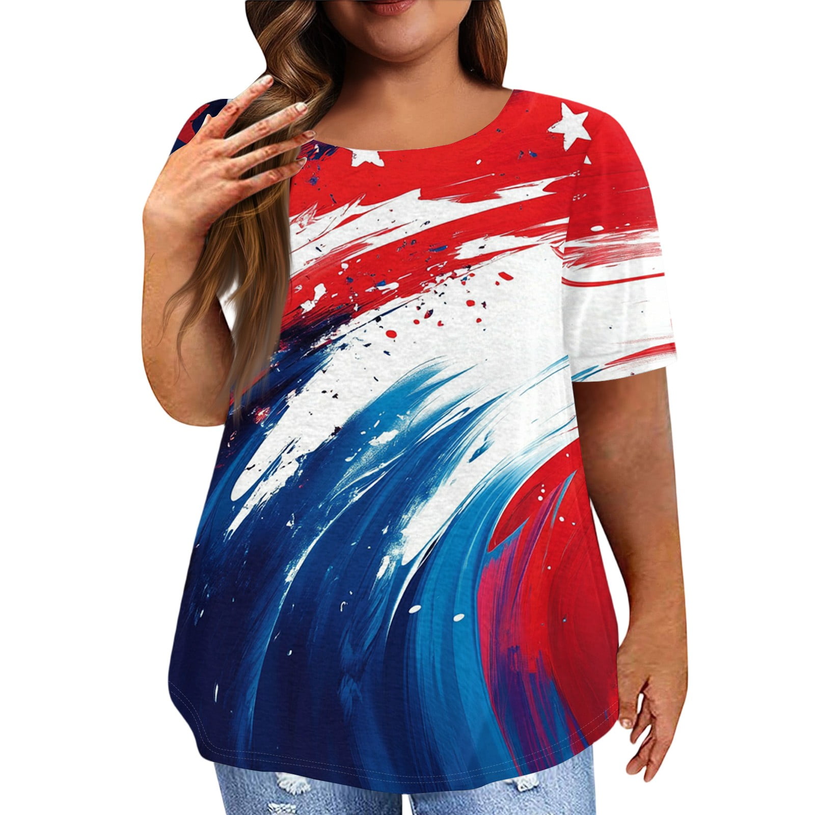 Plus Size Crew Neck Patriotic Lips Print T-Shirt