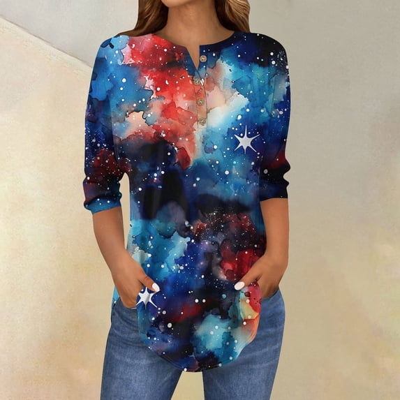 Yongcuo Independence Day Women's Patriotic American Flag Print Long Sleeve Casual T-Shirt Stars and Stripes Design, Comfortable Fit Blue XL