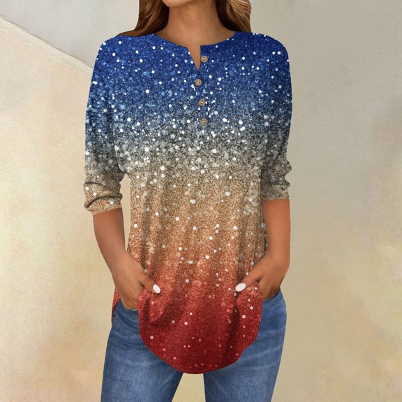 Yongcuo Independence Day Women's Patriotic American Flag Print Long Sleeve Casual T-Shirt Stars and Stripes Design, Comfortable Fit Watermelon Red XL