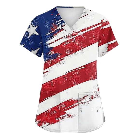 Yongcuo Independence Day Women's Patriotic V-Neck Short Sleeve T-Shirt American Flag Stars & Stripes Design Casual Summer Top Vermilion M