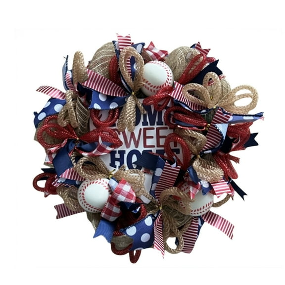 Yongcuo Patriotic Baseball Themed Wreath Home Decor with Burlap, Ribbon, and Baseball Accents for Front Door Display Blue