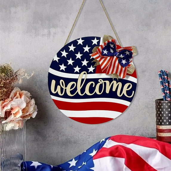 Yongcuo Patriotic Welcome Sign with American Flag Design, Decorative Round Wooden Door Hanger with Bow for Home or Office Gold