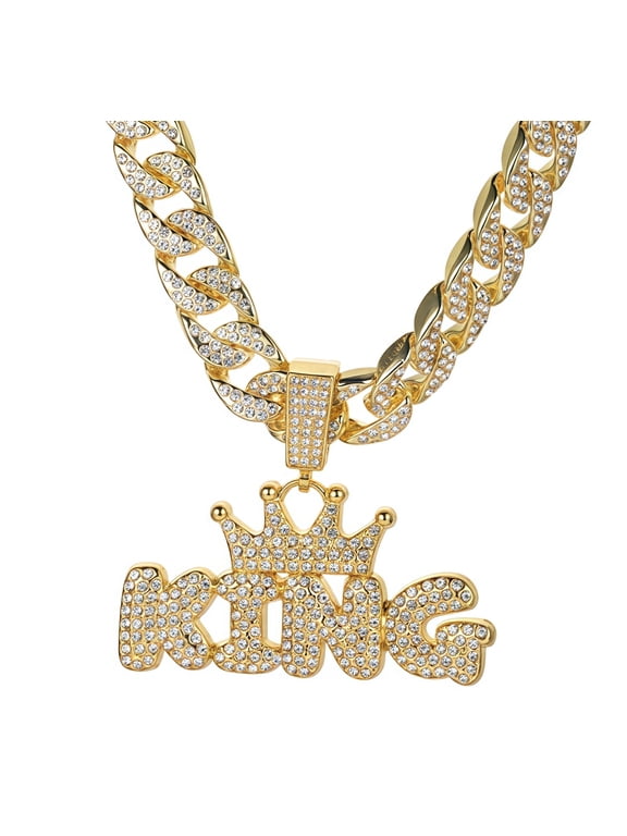 Men's Hip Hop Necklace King Crown Necklace with Silvery Diamond, Gold-Plated Cuban Chain,23.62 Inches