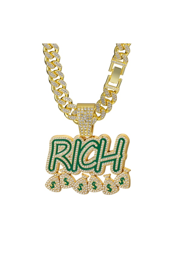 2025 New Hip Hop Necklace Men's RICH Pendant Alphabet Diamond Hip Hop Cuban Necklace Gold Diamond necklace chain length 24 inches (golden)