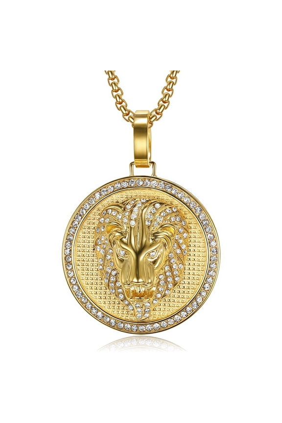New Hip Hop Necklace Titanium Plated Gold Water Diamond Lion Head Pendant Necklace Men's Necklace Gold Women's Gold Lion Head Necklace Chain length 23.62 inches (golden)
