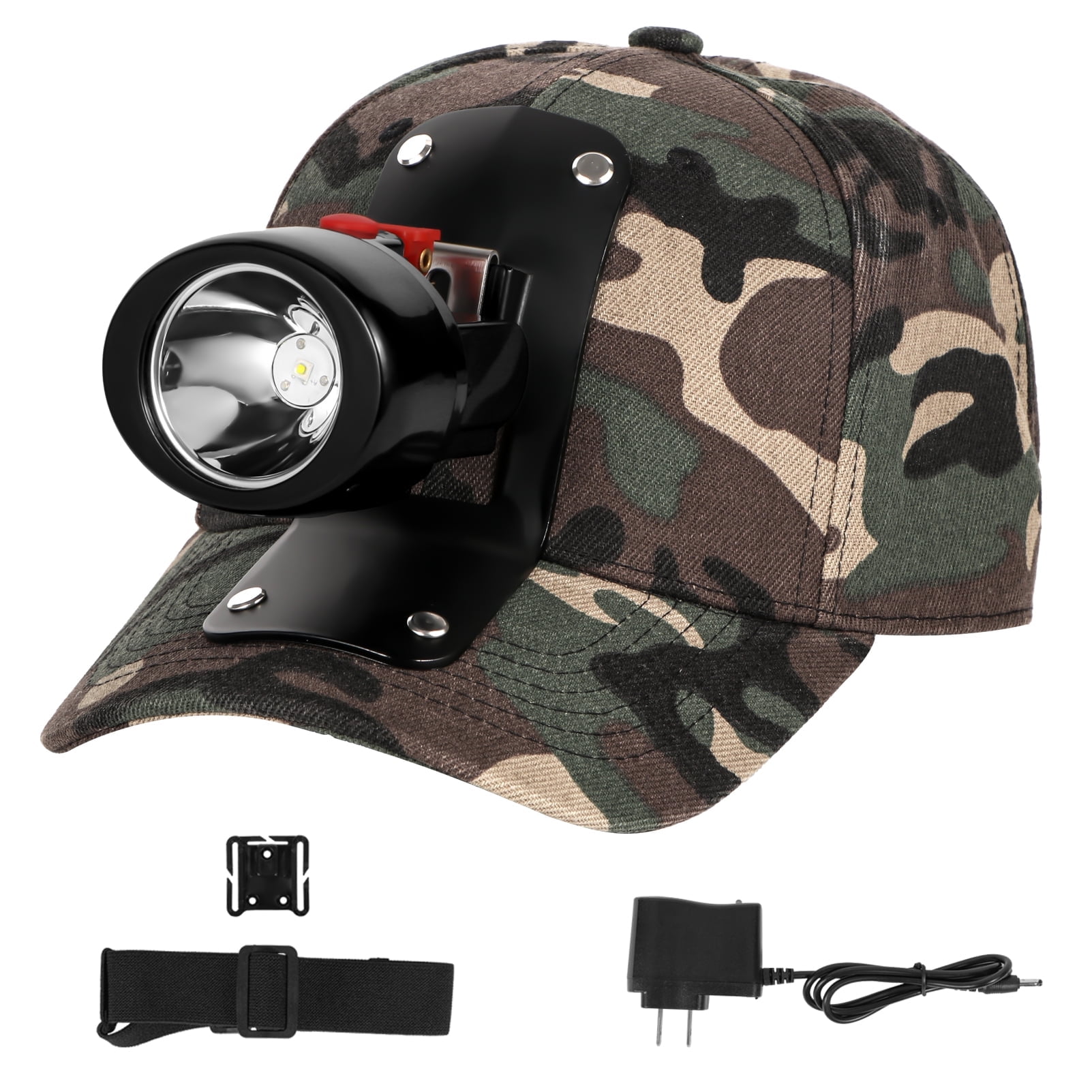 Yongkist Rechargeable LED Mining Headlamp with Camouflage Hat, High Lumens Waterproof Light, Durable and Adjustable for Camping, Hiking, and Underground Work