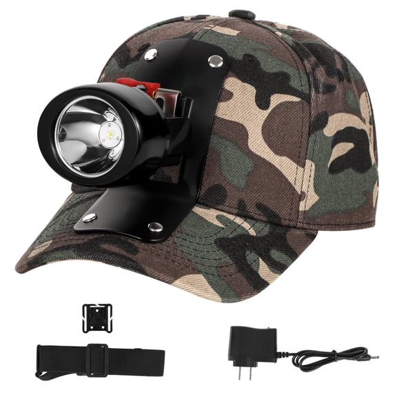Yongkist Rechargeable LED Mining Headlamp with Camouflage Hat, High Lumens Waterproof Light, Durable and Adjustable for Camping, Hiking, and Underground Work