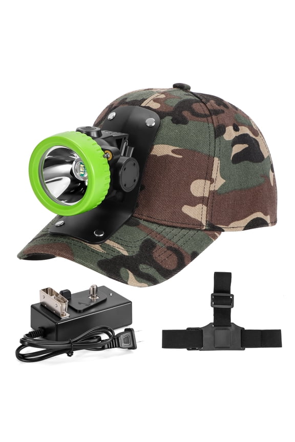 Rechargeable LED Mining Headlamp with Hard Hat, Waterproof White Light, Camouflage Miner Cap, Durable Headlight for Underground Work and Outdoor Use
