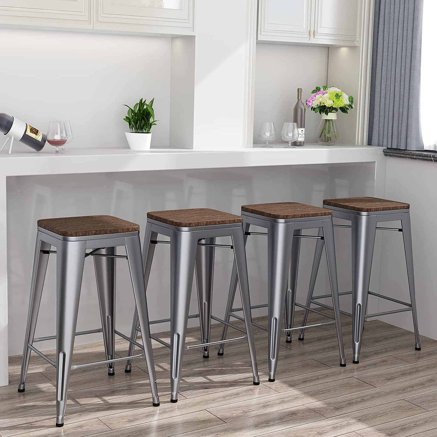 Yongqiang 24" Backless Metal Bar Stools Set of 4 Industrial Stackable
