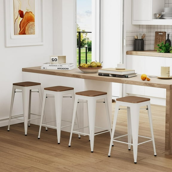 Yongqiang 24" Backless Metal Bar Stools Set of 4 Industrial Stackable Counter Height Stools for Kitchen Island Barstools with Wood Seat Cream White