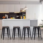 Yongqiang 26" Metal Bar Stools Set of 4 Stackable Stools for Kitchen Counter Backless Barstools with Wood Seat Matte Black