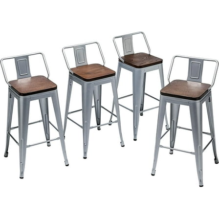 Yongqiang Metal Bar Stools with Back Set of 4 Kitchen Counter Height Stools with Wooden Seat 26" Distressed White