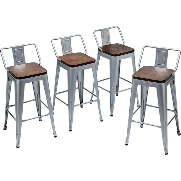 Yongqiang Metal Bar Stools with Back Set of 4 Kitchen Counter Height Stools with Wooden Seat 26" Distressed White