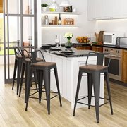 Yongqiang Metal Bar Stools with Backs Set of 4 Kitchen Counter Height Stools with Wooden Seat 24" Matte Black