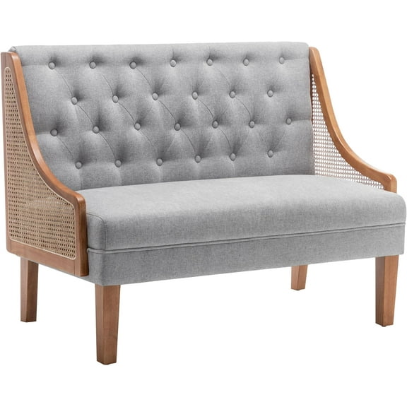 Yongqiang Upholstered Settee Bench Small Loveseat Sofa Rattan Dining Bench with Back Banquette Seating for Kitchen Dining Room Living Room Button Tufted Mini Couch Grey