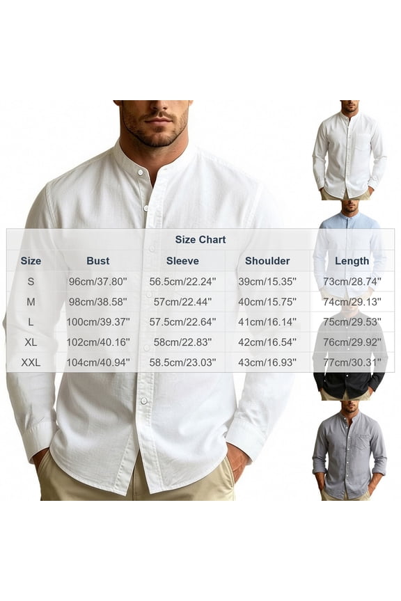 Men's Cotton Linen Long Sleeve Shirts Casual Button Down Banded Collar Shirt Beach Summer Tops with Pocket