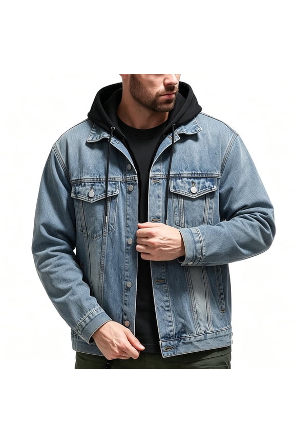Men's Long Sleeve Denim Jacket Button Down Collared Jacket Casual Daily Trucker Hooded Jackets Outwear