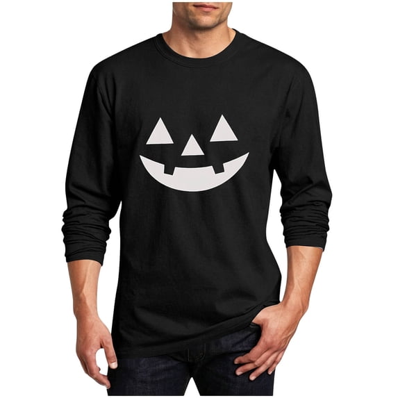 Yongwang Mens BIg and Tall Pumpkin Graphic Print Shirt Crew Neck Long Sleeve Top Casual Fashion Basic Top for Holiday Party
