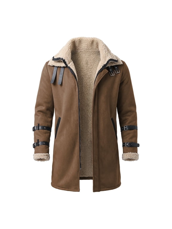 Mens Big and Tall Shearling Trench Coat Long Sleeve Sherpa Jacket Outdoor Jacket Casual Outer Coat