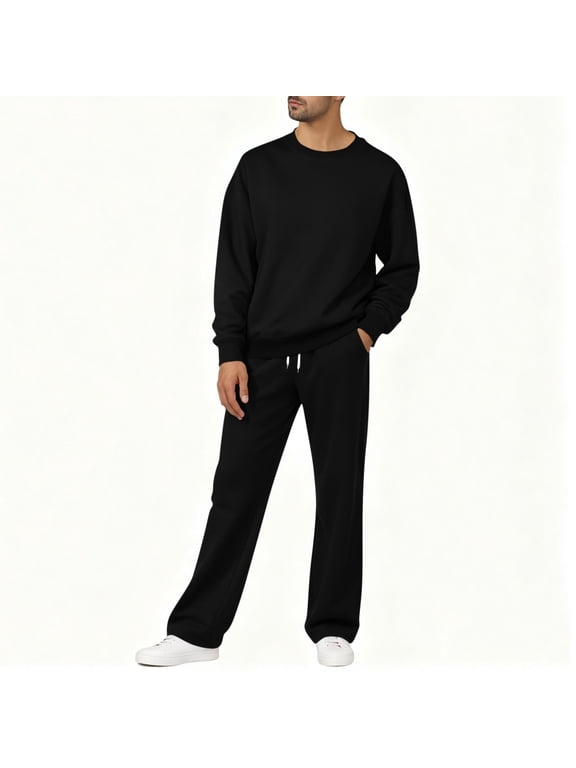 Mens Crew Neck Sweatsuit 2 Piece Outfit Set Long Sleeve Pullover Wide Leg Sweatpants with Pocket Casual Tracksuit for Fall Winter