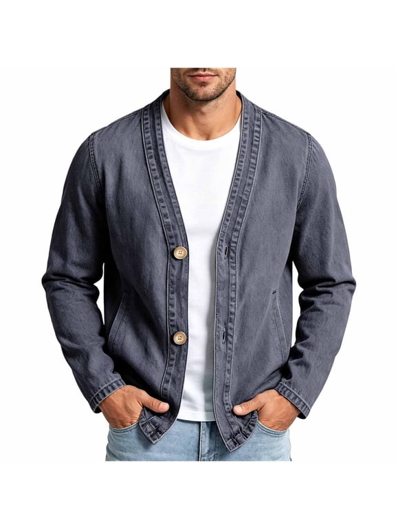 Mens Denim Jacket V Neck Button Down Jacket Long Sleeve Vintage Casual Outerwear Jacket for Spring Autumn Winter