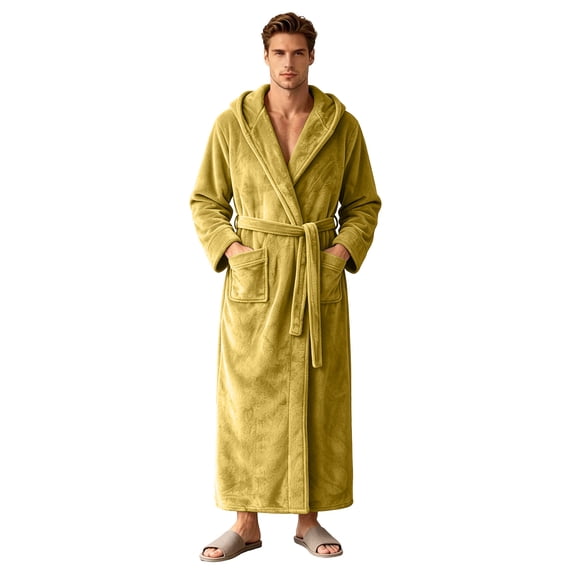 Yongwang Mens Fleece Hooded Bath Robe Long Sleeve Tie Belt Robe Warm Winter Sleep Robe for Home
