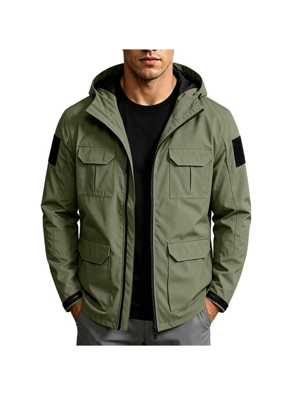 Mens Hooded Cargo Jacket Long Sleeve Zip Up Jacket Multi Pocket Casual Color Block Jacket for Outdoor Daily Hiking