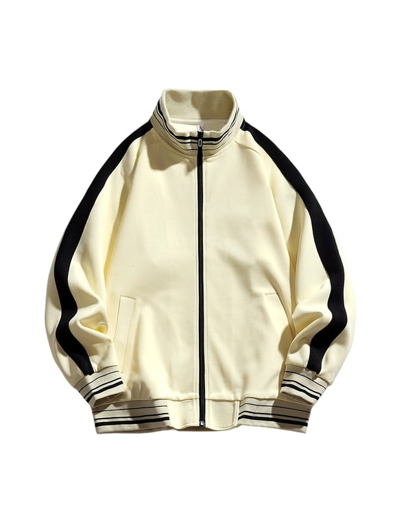 Mens Long Sleeve Color Block Jacket Stand Collar Zip Up Jacket Casual Loose Fit Jacket with Pockets