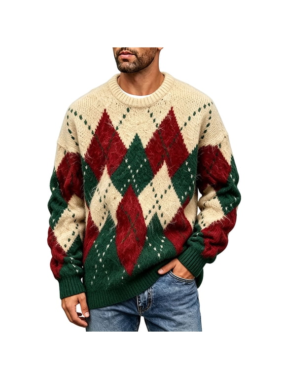Mens Long Sleeve Color Block Sweater Crew Neck Argyle Pullover Fashion Casual Fall Winter Top