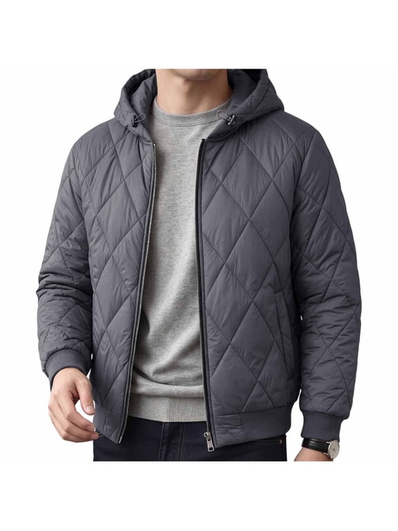 Mens Quilted Jacket Zip Up Hooded Jacket Long Sleeve Casual Fashion Winter Outerwear Jacket