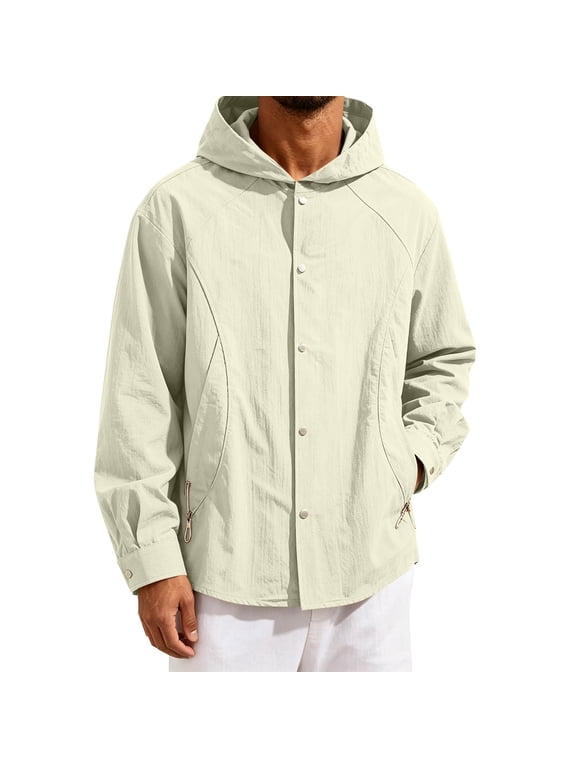 Mens Raglan Jacket Hooded Button Down Long Sleeve Jacket with Pockets Casual Lightweight Jacket for Winter Fall
