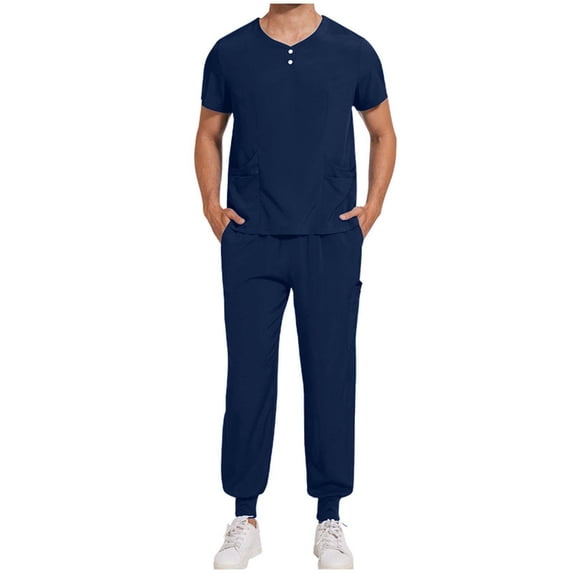 Yongwang Mens Scrub Set Henley Neck Short Sleeve Shirt Drawstring Jogger Pant Multi Pocket Work Uniform for Hospital