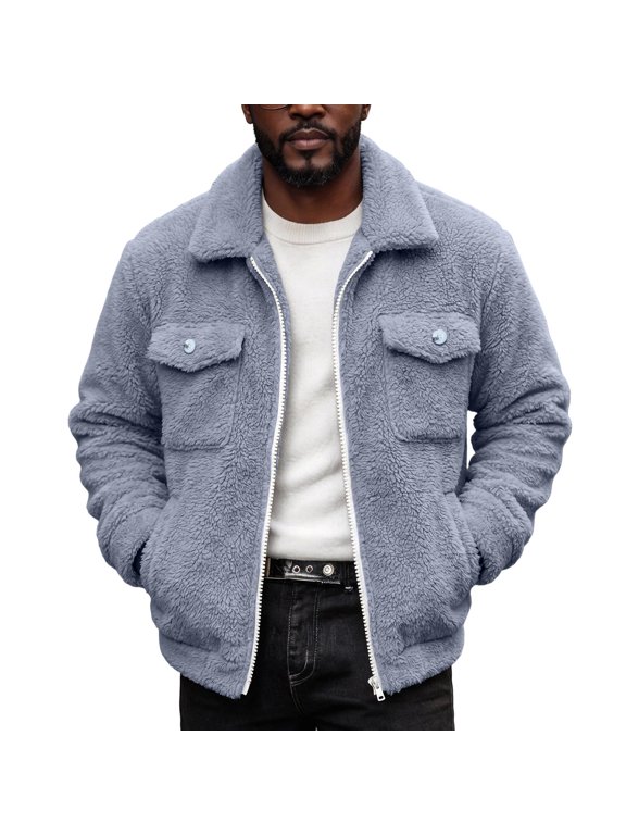 Mens Sherpa Fleece Trucker Jacket Zip Up Collared Jacket Casual Outerwear Jacket for Fall Winter