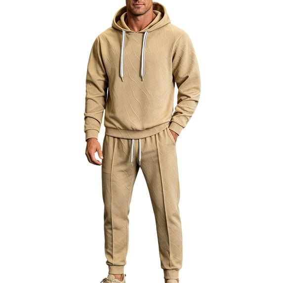 Yongwang Mens Texture 2 Piece Set Long Sleeve Hoodies Drawstring Elastic Waist Jogger Pants Matching Pant Daily Set