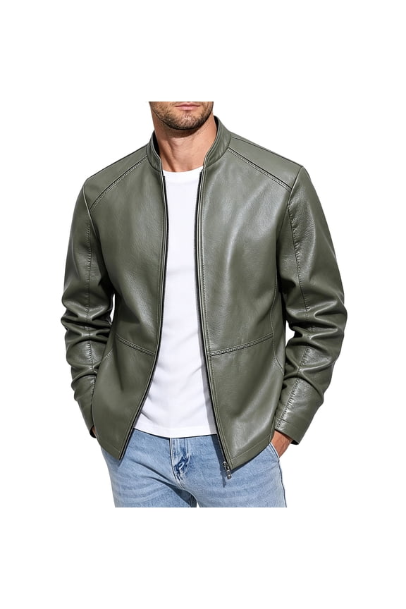 Mens Waterproof Windproof PU Leather Bomber Jacket Zip Up Stand Collar Jacket Casual Outwear with Pockets
