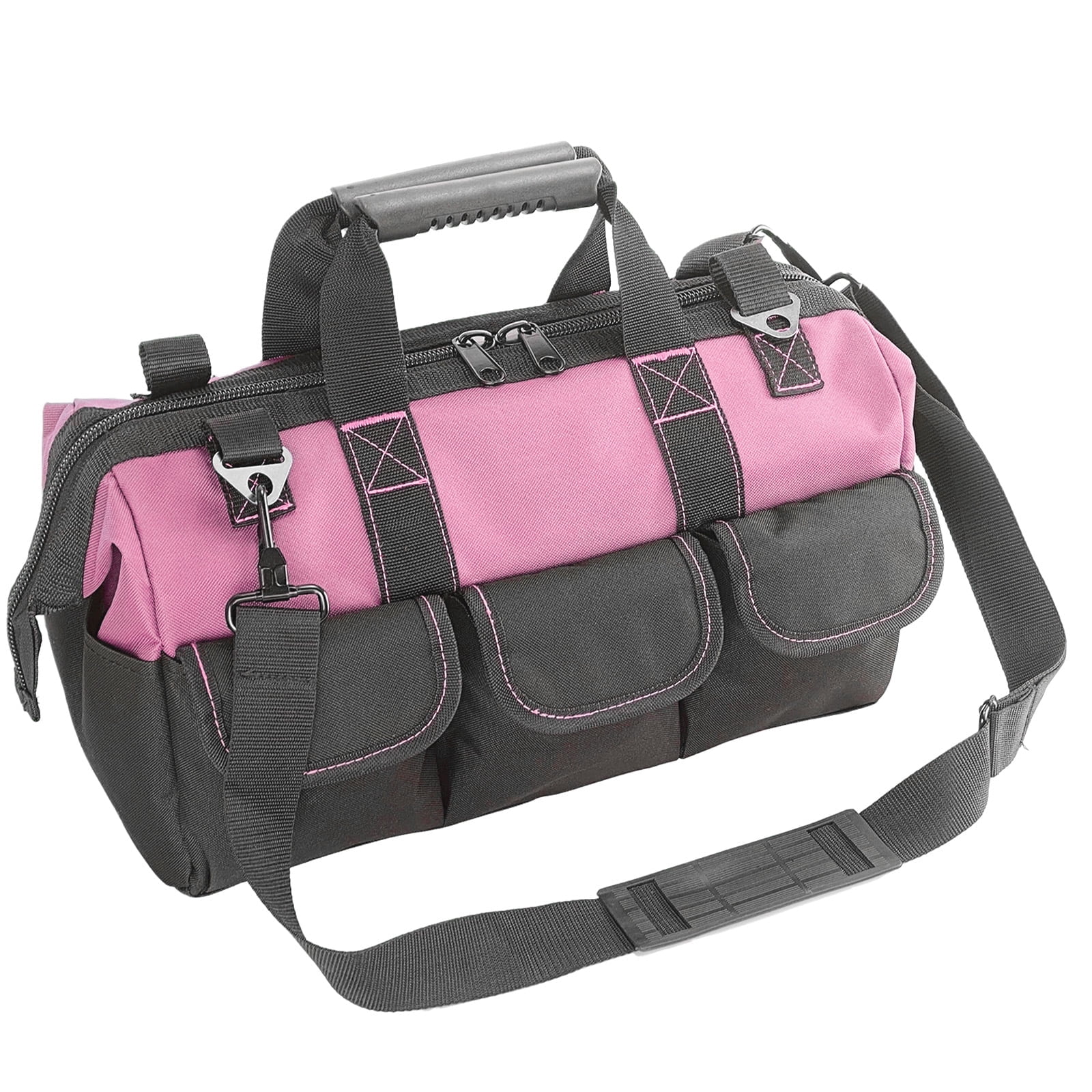Yongzhenlite Garden Tools Bag, 16 Inch Wide Mouth Tool Tote with Molded Base and Multi-Pockets for Men, Heavy Duty 600D Polyester Fabric (Pink Color)