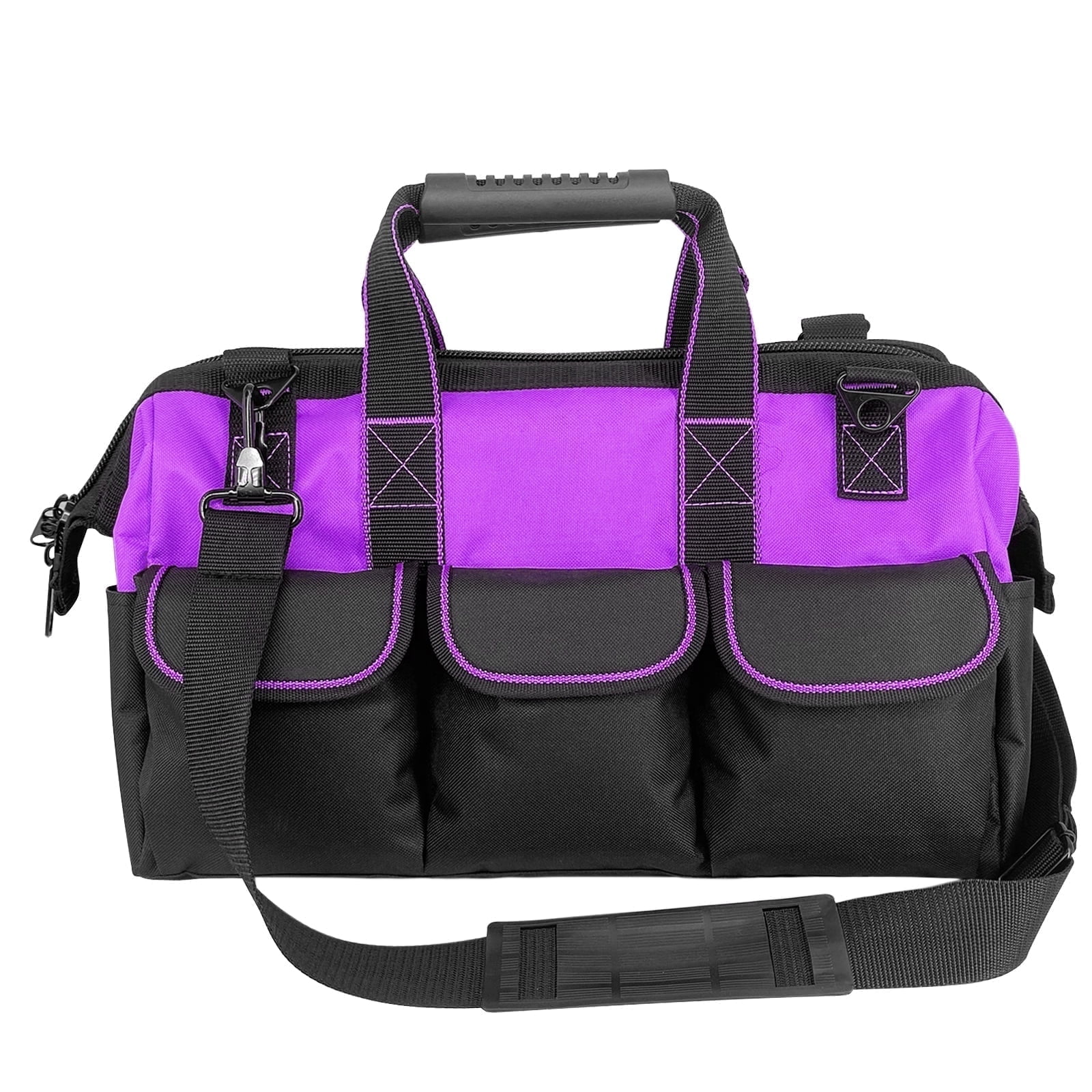 Yongzhenlite Garden Tools Bag 16inch Wide Mouth Tool Tote with Molded Base and Multi-Pockets for Men Heavy Duty,600D polyester fabric (Purple color)