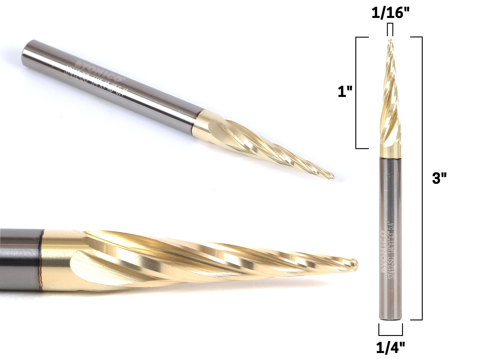 Yonico 1/16" 4 Flute Taper Spiral ZRN Coated CNC Router Bit - 1/4" Shank - 37412-SC
