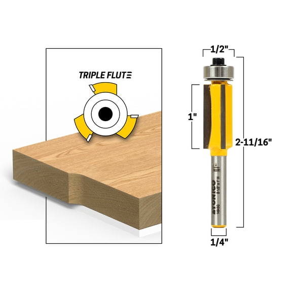 Yonico 1" Triple Flute X 1/2" Diameter Flush Trim Router Bit - 1/4" Shank - 14943q