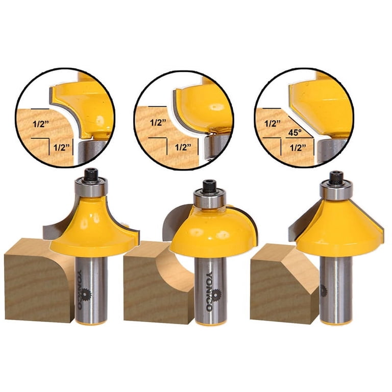 Yonico 13312 3 Bit Edging Router Bit Set - Large Round over Cove