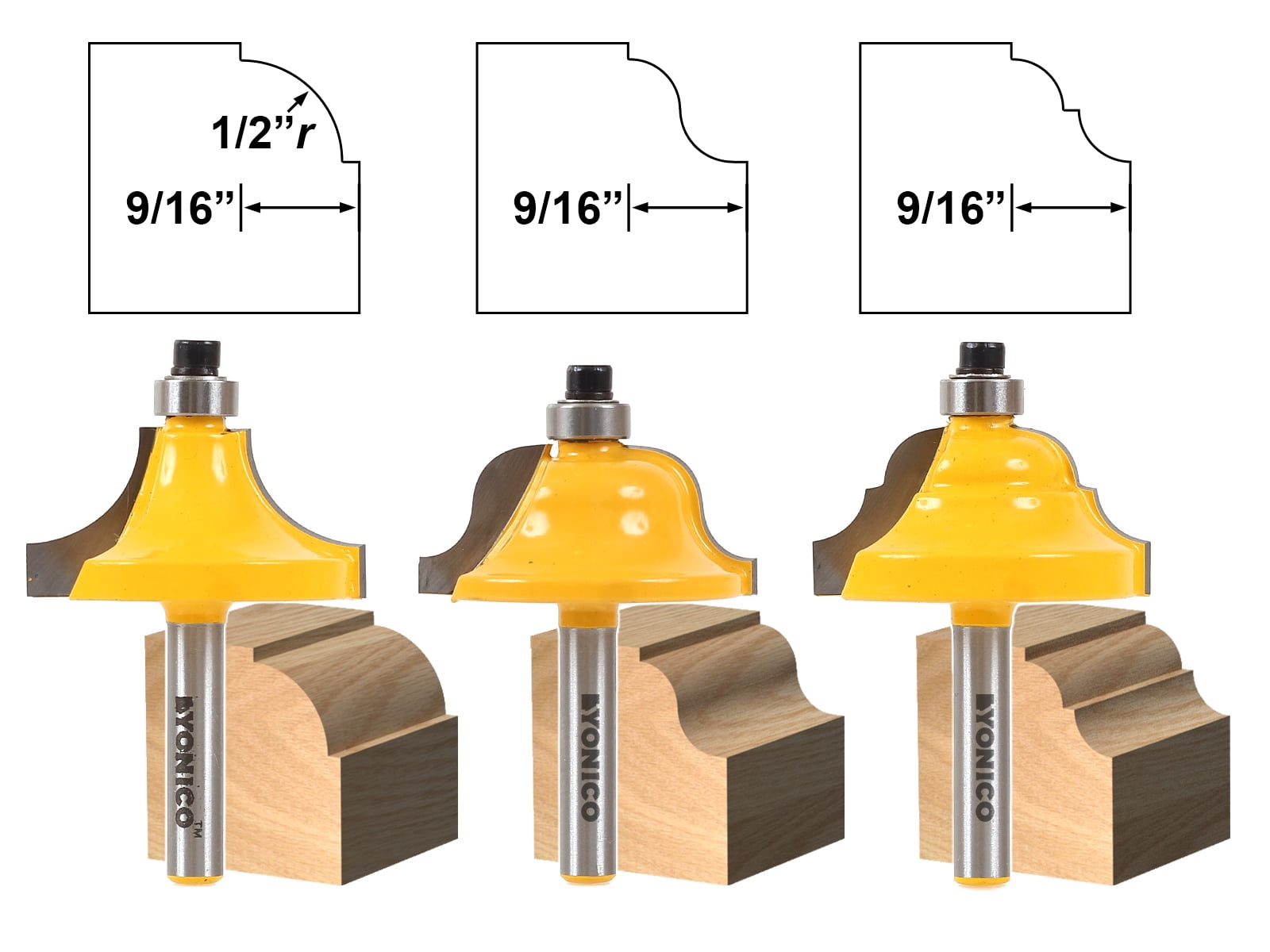 Yonico 13322q 3 Bit Edge Molding Router Bit Set with Large Designer 1/4' Shank