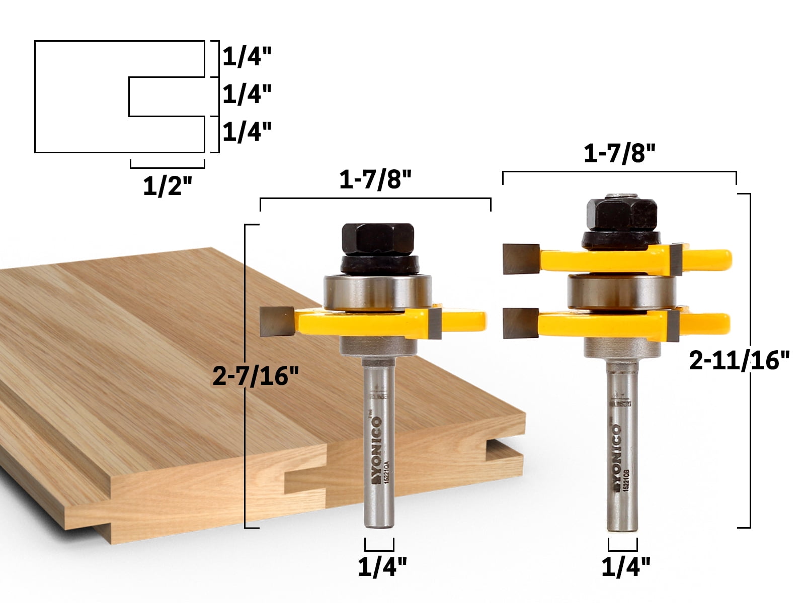 Tongue & Groove Router Bit Set - 3/4" Stock - 1/4" Shank - Yonico 15221q