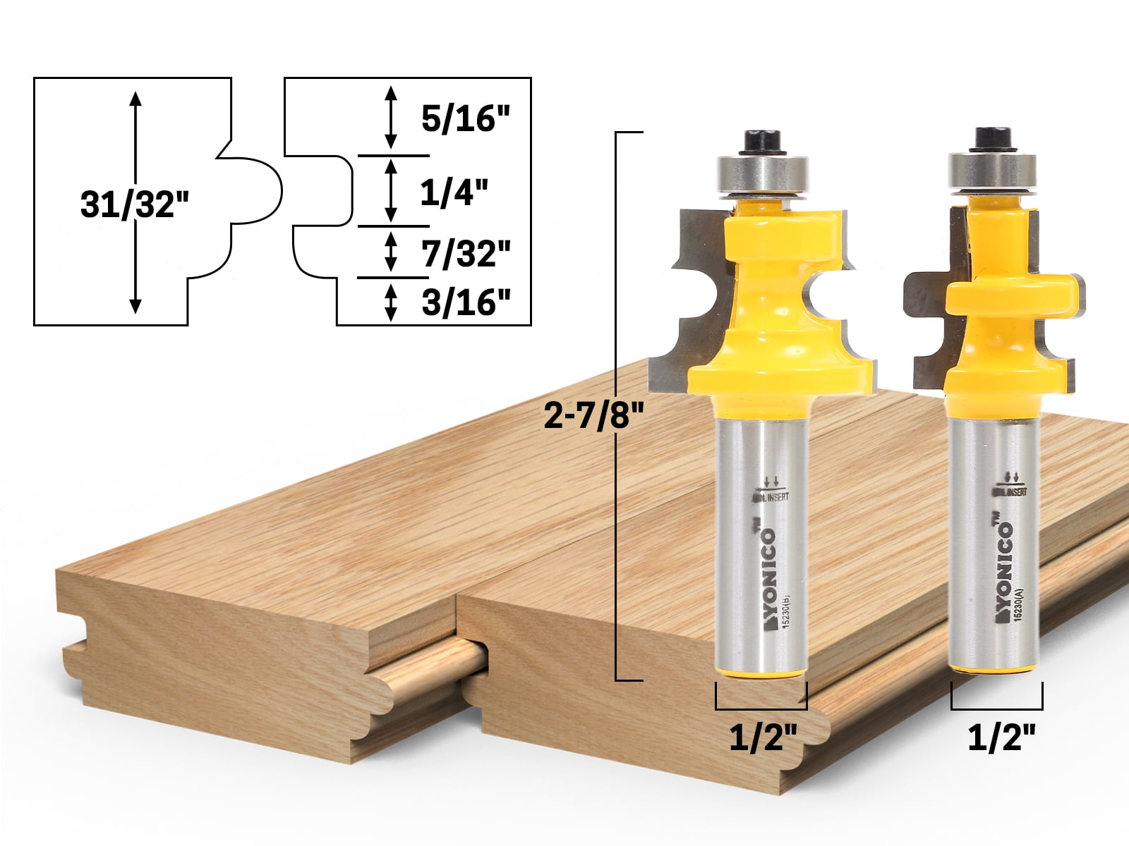 Yonico 15230,.5 in Shank, Tongue and Groove Flooring Router Bit Set, 2 Pieces