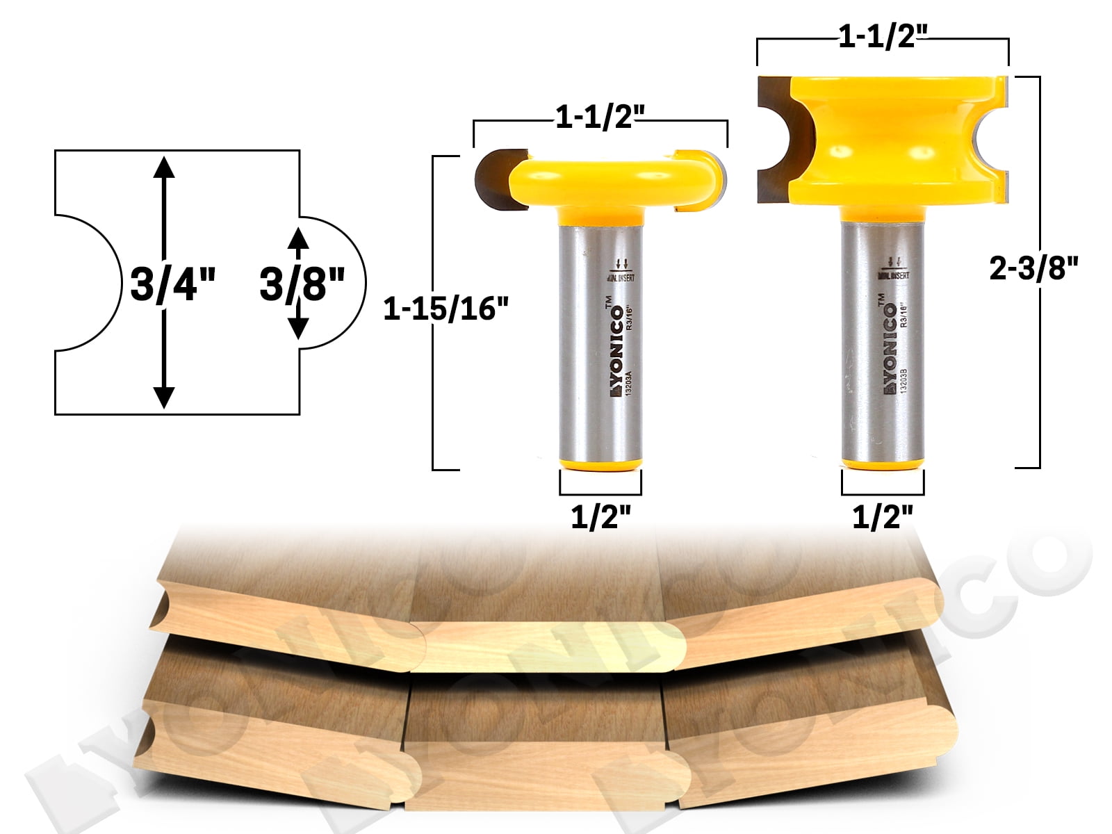 Yonico 3/8" Bead 2 Bit Canoe Joint Router Bit Set - 1/2" Shank - 13203