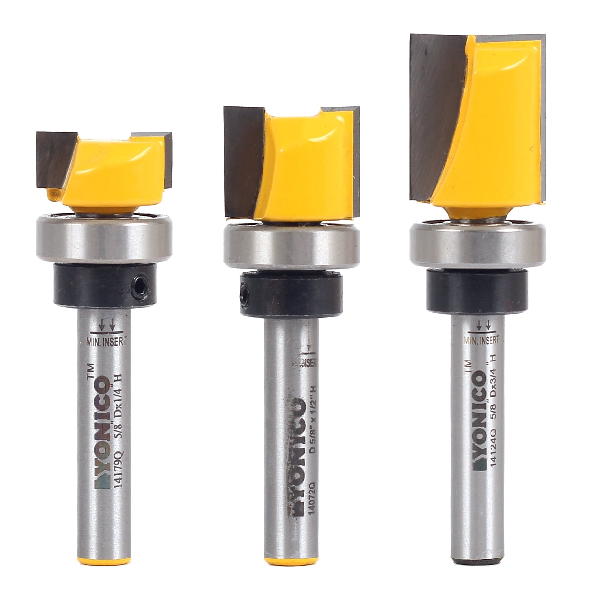 Yonico 3 Bit 5/8" Diameter Flush Trim Template Router Bit Set - 1/4" Shank - 14324q