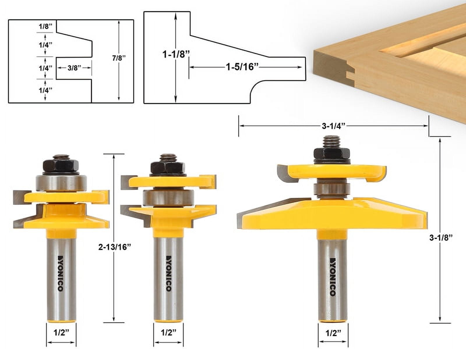 Yonico 3 Bit Raised Panel Cabinet Door Router Bit Set- Bevel- 1/2" Shank -12350