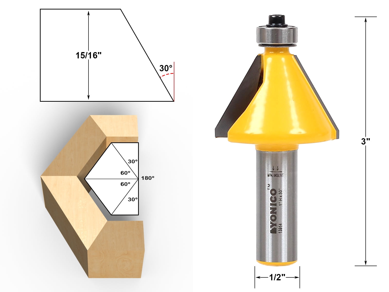 Yonico 30° Chamfer & Bevel Edging Router Bit - 1/2