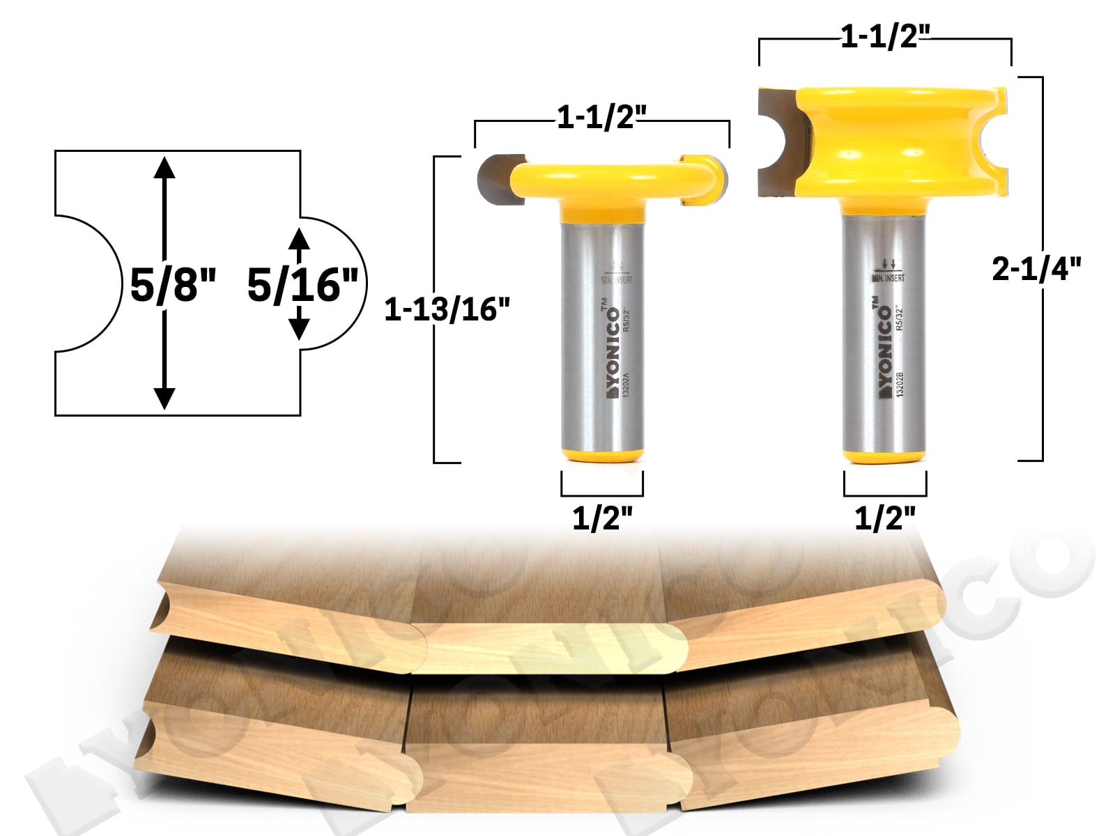 Yonico 5/16" Bead 2 Bit Canoe Joint Router Bit Set 1/2" Shank 13202