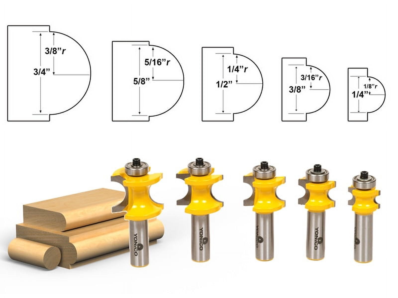 Yonico 5 Bit Bullnose Router Bit Set C3 Carbide 1/2" Shank- 13515